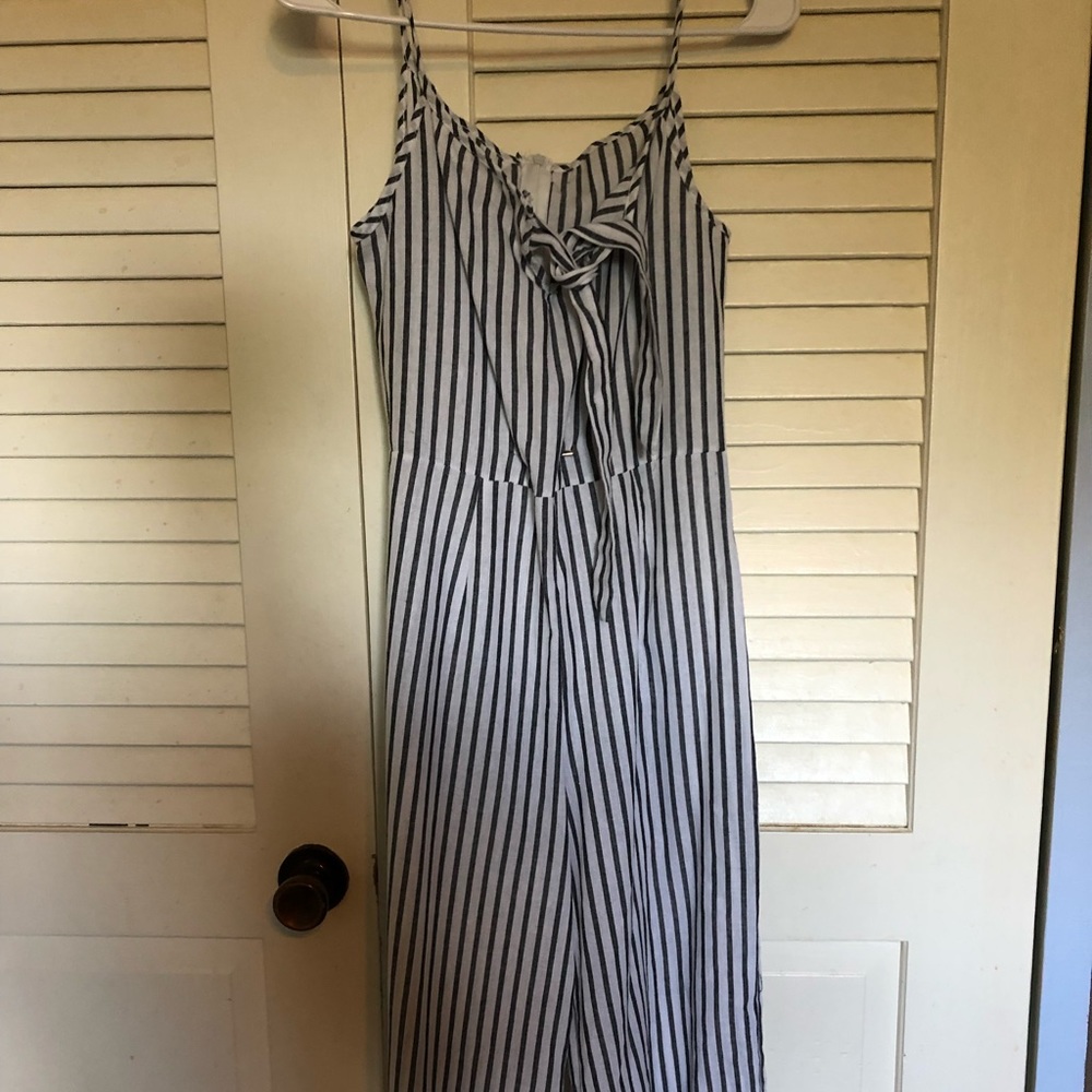 Gray striped flare leg jumpsuit
